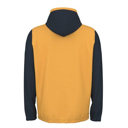 The HEAD Vision Topspin Men's Padel Hoodie - NVXV, designed by HEAD, features a mustard yellow body paired with dark navy blue sleeves and hood. This hoodie is made from moisture transfer microfibre and showcases a minimalist color-block style that emphasizes the contrasting shades from the back view.