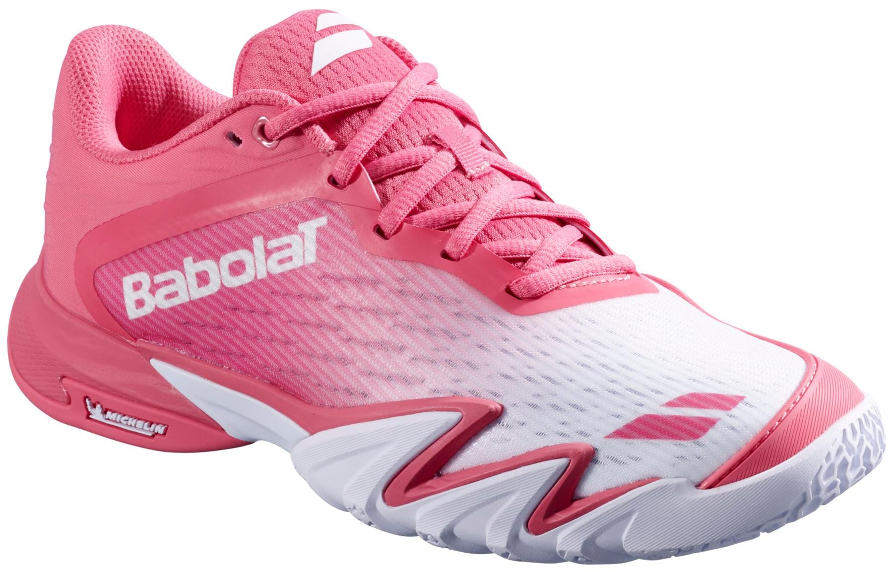 The Babolat Premura 3 Women's Padel Shoes in Sun Kissed Coral feature a textured sole for padel court traction, a mesh upper, plus Babolat branding on the side and a Michelin logo near the heel.