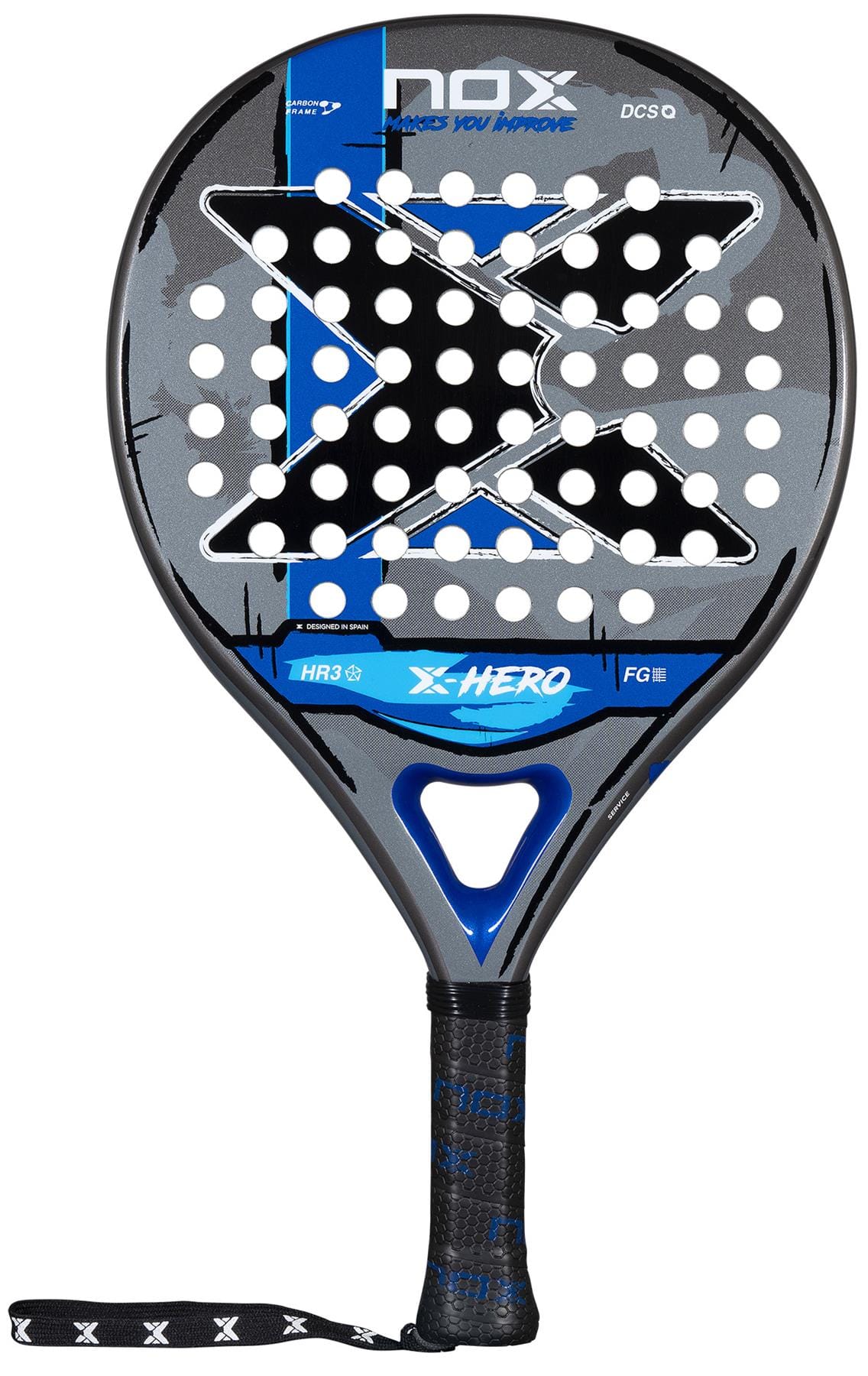 The NOX X-Hero Blue Padel Racket by NOX features a black, grey, and blue design with a central X, multiple circular holes, and a black grip with wrist strap—perfect for beginners seeking control and precision.