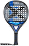 The NOX X-Hero Blue Padel Racket by NOX features a black, grey, and blue design with a central X, multiple circular holes, and a black grip with wrist strap—perfect for beginners seeking control and precision.