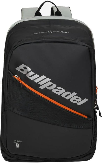 The Bullpadel BPM26001 Hack 2026 Padel Backpack in black features a diagonal orange front zipper, bold white "Bullpadel" text, and a small logo. The top reads "THE PADEL SPECIALIST." Ideal for carrying your padel racket.