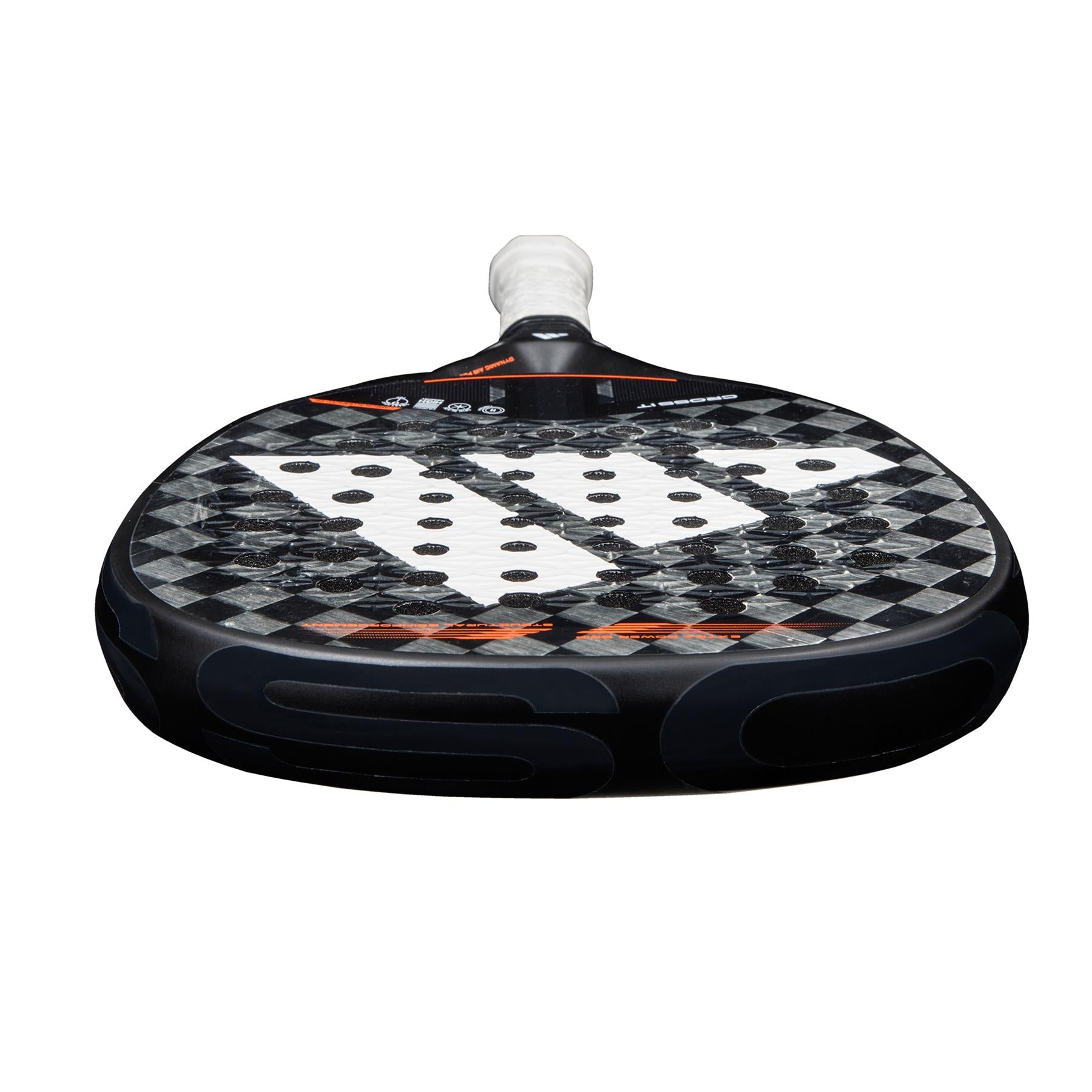 The ADIDAS Cross It 3.4 Padel Racket by adidas boasts a diamond oversized head with a black frame and grey checkered Carbon 15K surface. Its white handle grip and strategically placed holes are set against a clean white background.