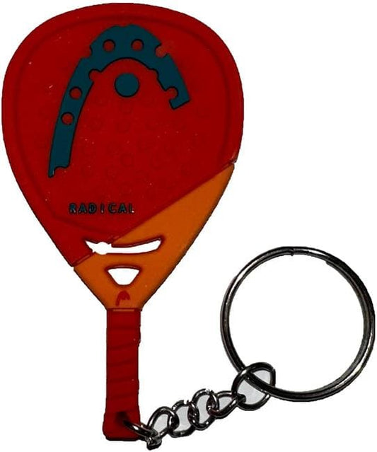 The HEAD Radical 2026 Padel Racket Keyring by HEAD features a red and orange mini racket with "RADICAL" on the face, a blue design inspired by HEAD padel gear, and a silver key ring attachment.