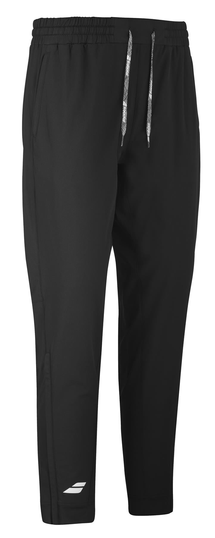 The Babolat Play Men's Padel Pants in black, by Babolat, feature an elastic waistband with a white drawstring. Made from Fiber Dry material for comfort, they include side pockets and a subtle white logo for added style. With 360 Motion design for optimal movement, these tapered pants are ideal for both sports and casual wear.