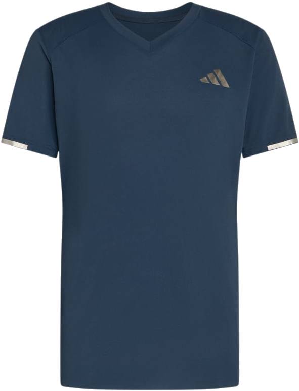 The ADIDAS Climacool+ Freelift Pro Mens Padel T-Shirt - Aurora Ink features a v-neck, short sleeves, metallic logo on the chest, metallic sleeve accents, and adidas Climacool+ for breathable comfort.