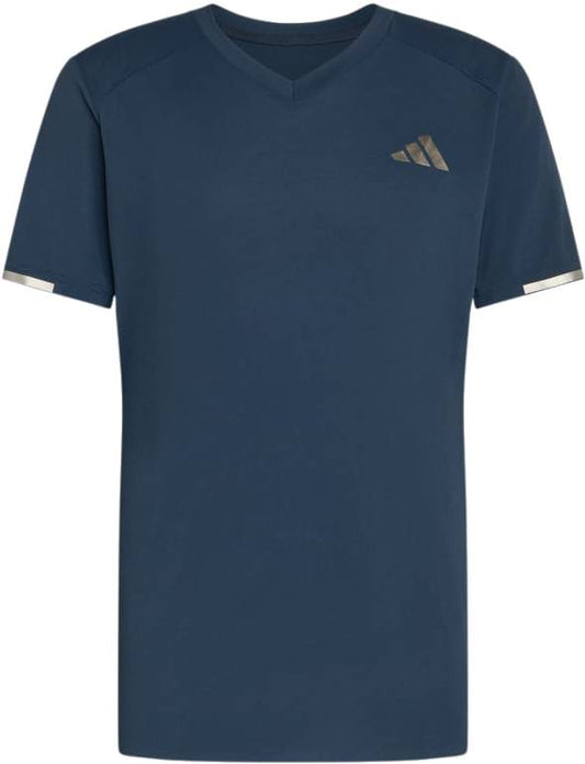 The ADIDAS Climacool+ Freelift Pro Mens Padel T-Shirt - Aurora Ink features a v-neck, short sleeves, metallic logo on the chest, metallic sleeve accents, and adidas Climacool+ for breathable comfort.