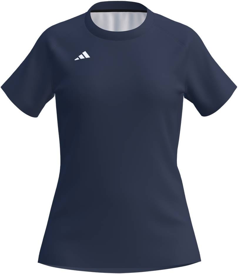 The ADIDAS Court Womens Padel T-Shirt - Navy by adidas features an athletic fit, short sleeves, moisture-wicking fabric, and a white geometric logo on the left shoulder. Shown on a white background.