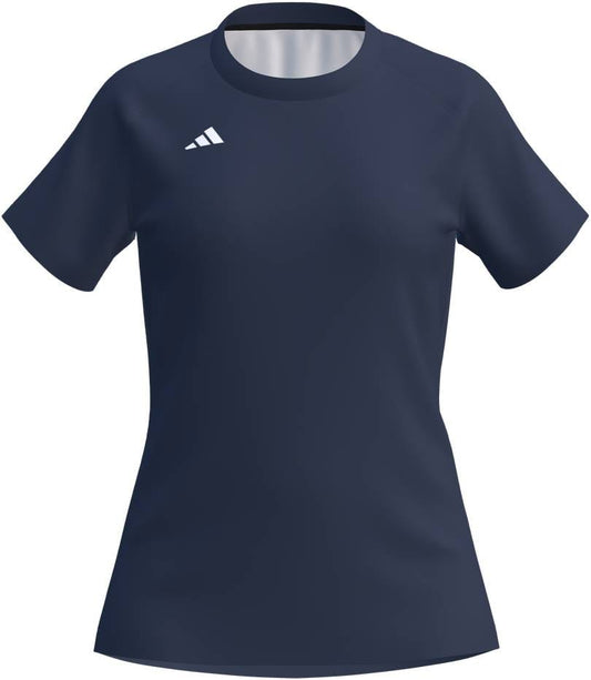 The ADIDAS Court Womens Padel T-Shirt - Navy by adidas features an athletic fit, short sleeves, moisture-wicking fabric, and a white geometric logo on the left shoulder. Shown on a white background.