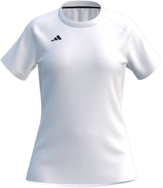 The ADIDAS Court Womens Padel T-Shirt - White is a quick-wicking polyester women’s shirt featuring a small black adidas logo on the upper left chest, shown on a white background.