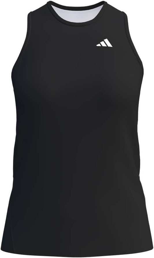 The ADIDAS Court Womens Padel Tank Top - Black by adidas is a sleeveless, moisture-wicking sports top with a white logo on the left chest, shown on a white background.