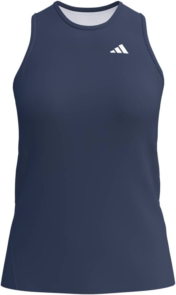 Sleeveless, fitted navy tank with a high neckline and lightweight design. Features a small white adidas logo on the left chest—ideal as the ADIDAS Court Womens Padel Tank Top - Navy.