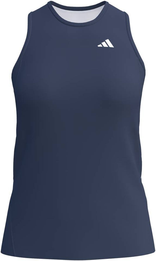 Sleeveless, fitted navy tank with a high neckline and lightweight design. Features a small white adidas logo on the left chest—ideal as the ADIDAS Court Womens Padel Tank Top - Navy.