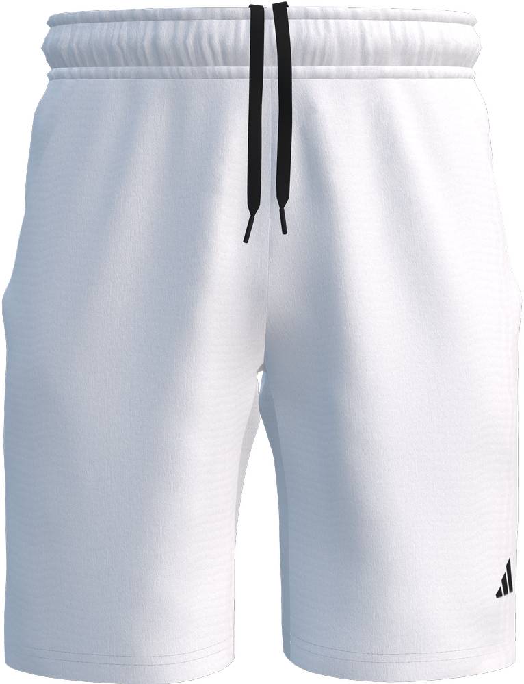 ADIDAS Court Woven Mens Padel Shorts - White feature an elastic waistband, moisture-wicking fabric, black drawstrings, and a small black adidas logo on the left leg for a clean, simple look.