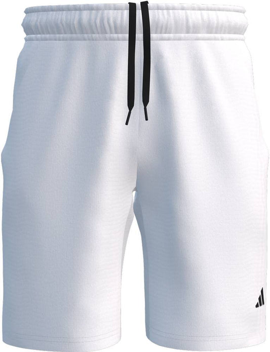 ADIDAS Court Woven Mens Padel Shorts - White feature an elastic waistband, moisture-wicking fabric, black drawstrings, and a small black adidas logo on the left leg for a clean, simple look.