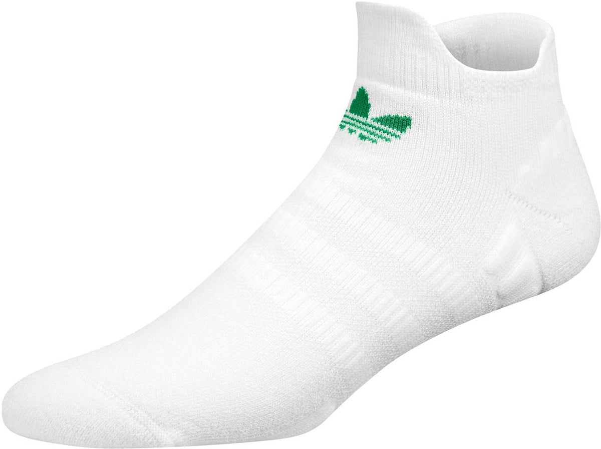 The ADIDAS Originals Low Padel Socks - White by adidas are low-cut white padel socks with a green trefoil logo, shown on a plain white background.