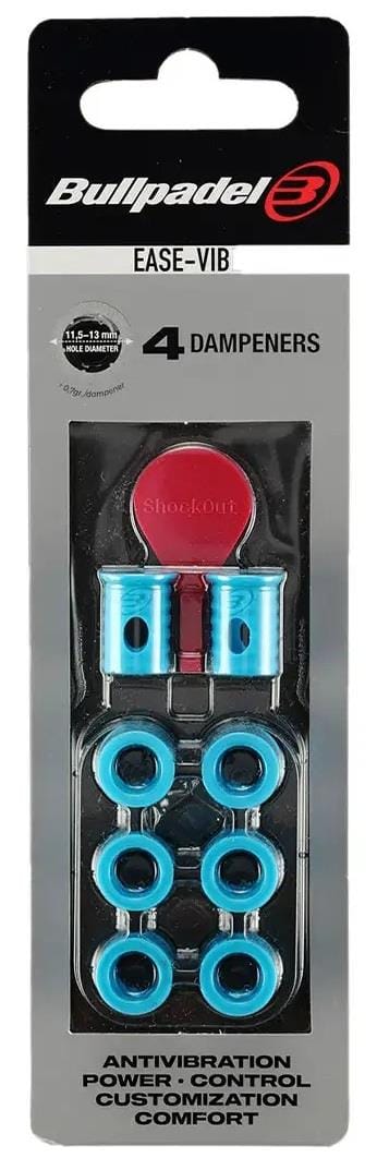 The Bullpadel Ease Vibe Padel Dampeners - Sky Blue include four blue circular Bullpadel dampeners and one red tool, reducing racket vibration to enhance power, control, customization, and comfort.