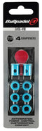The Bullpadel Ease Vibe Padel Dampeners - Sky Blue include four blue circular Bullpadel dampeners and one red tool, reducing racket vibration to enhance power, control, customization, and comfort.