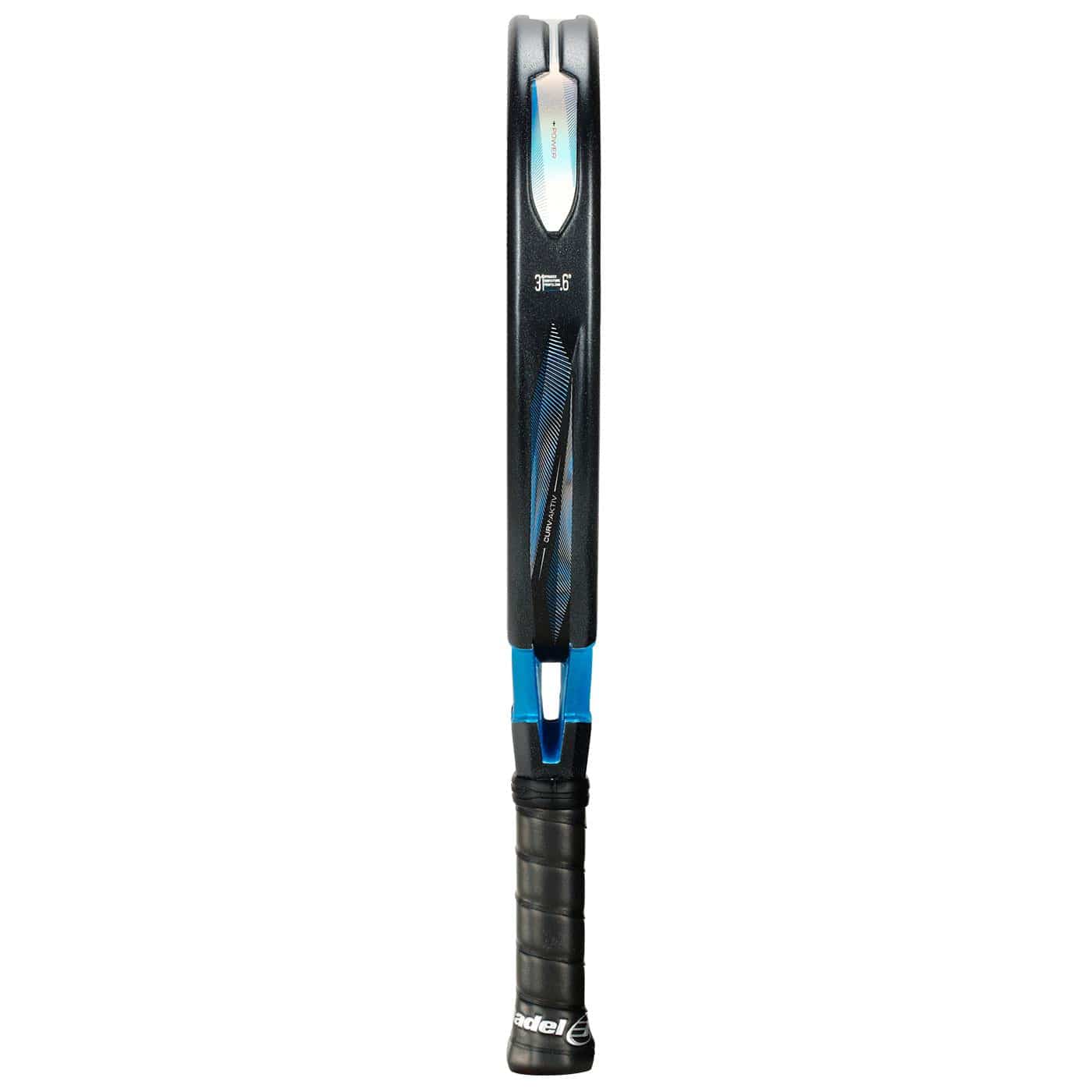 The Bullpadel Vertex 05 Comfort 2026 Padel Racket—Black/Blue—is shown vertically from the side, featuring a thin profile, black grip, blue frame accents, and durable Fibrix fibre construction by Bullpadel.