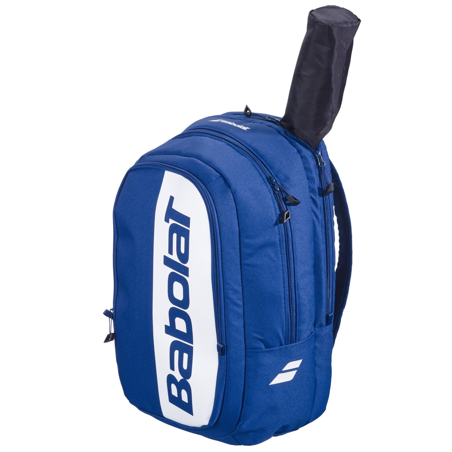 The Babolat Court Hero Padel Backpack in dark blue features the white logo, zippered compartments, and a racket handle slot. Made with recycled PET, it’s ideal for carrying your padel or tennis gear in style.