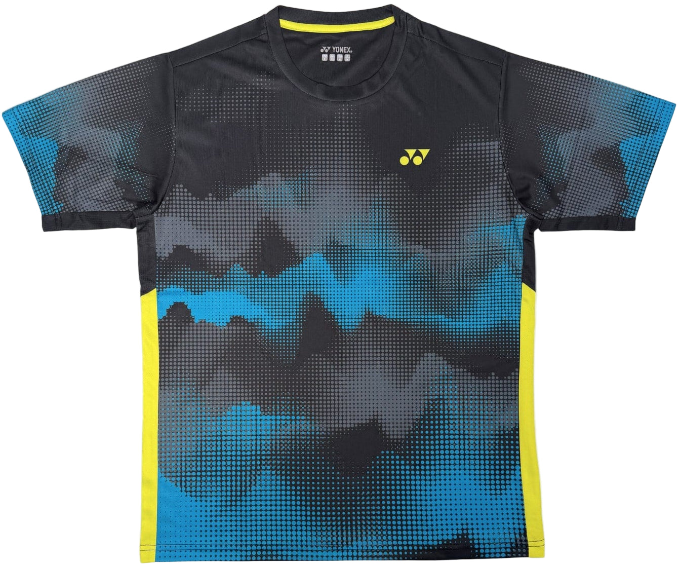 The Yonex YTM2025A Men’s Padel T-Shirt in black features blue and gray gradient geometric patterns, yellow side accents, a small yellow chest logo, and is made from Quick-Dry micro-knit fabric for comfort.