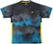The Yonex YTM2025A Men’s Padel T-Shirt in black features blue and gray gradient geometric patterns, yellow side accents, a small yellow chest logo, and is made from Quick-Dry micro-knit fabric for comfort.