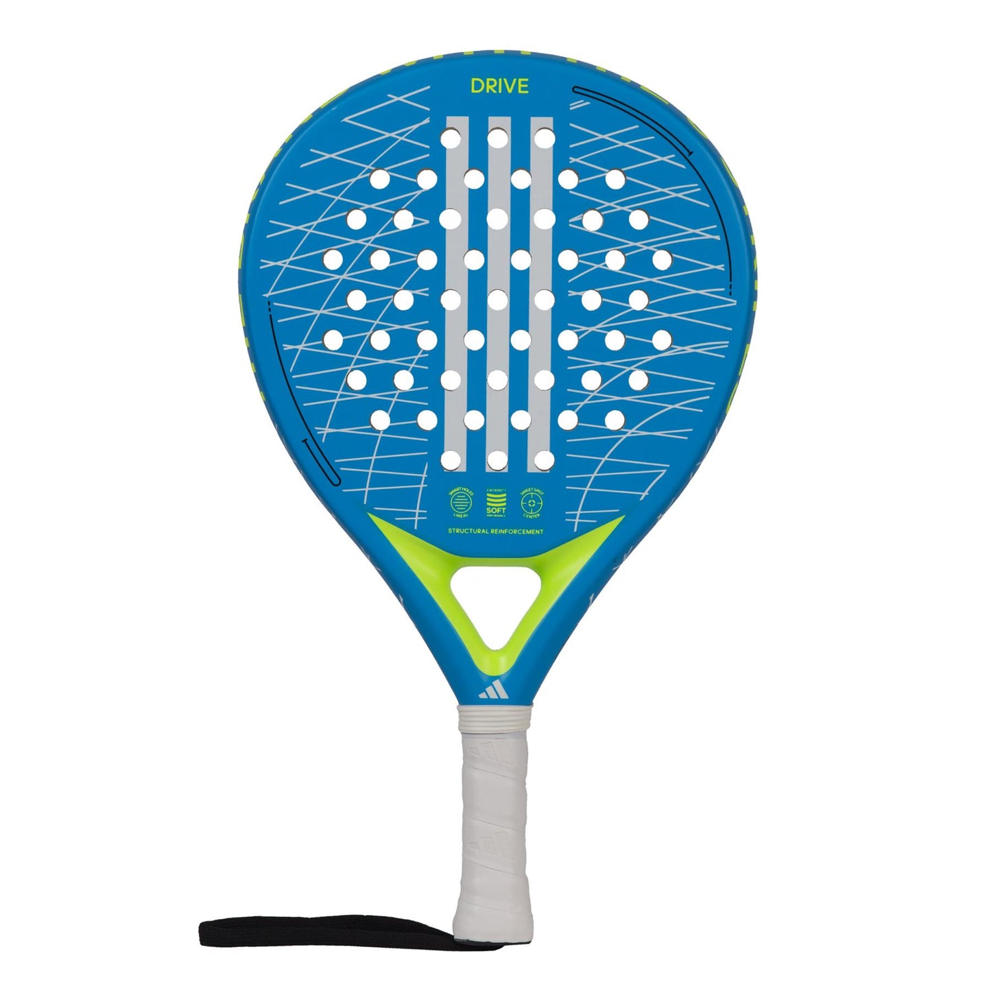 The ADIDAS Drive 3.3 Padel Racket by adidas comes with a blue paddle, a white grip, and a black wrist strap. It's designed for beginner-friendly play and features white holes along with a green edge. The word "DRIVE" is printed at the top, and it offers Soft Performance EVA for enhanced control.