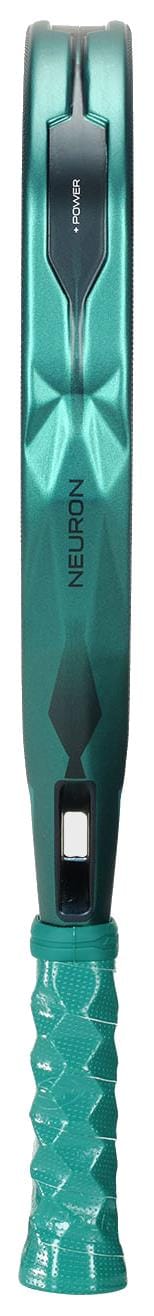 Close-up of the Bullpadel Neuron 02 Cloud 2026 padel racket handle and throat, showing "NEURON" on the shaft and a textured grip by Bullpadel for enhanced control.