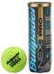 A tube of Bullpadel NEXT Pro Padel Balls (3 Ball Tube) with a gold lid is shown next to a yellow "Bullpadel Next Pro" ball—featuring bold blue, black, and gold branding for top-level padel competition performance.