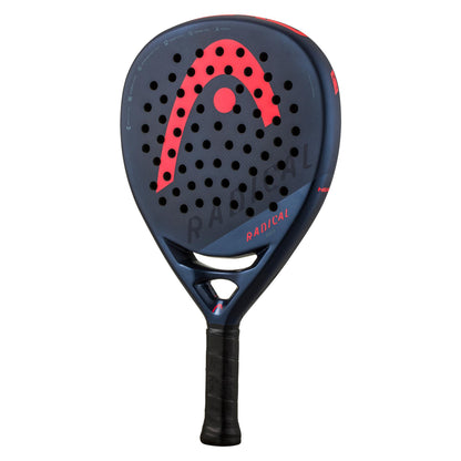 This HEAD Radical Pro 2024 Padel Racket showcases a sleek navy paddle with a round head design and perforated surface. The 3K carbon hitting surface enhances its performance, complemented by a handle wrapped in black grip tape. The brand logo is prominently displayed on the front of the racket.