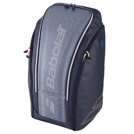 A spacious Babolat RH Perf Padel Backpack in black, designed with a robust waterproof exterior and numerous zippered compartments. It includes insulated sections perfect for transporting tennis gear, combining black material with gray fabric and highlighting a bold Babolat logo.