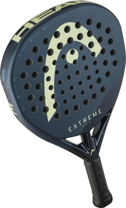 The HEAD Extreme Pro 2025 Padel Racket by HEAD features a diamond-shaped head, perforated face, angled design, and a black grip handle in blue, enhanced with Extreme Spin technology for superior control.