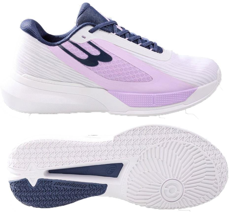 The Bullpadel Wonder Womens Padel Shoes in white feature mesh and textured panels with navy accents, offering high performance. Top view shows the side profile; bottom highlights the patterned tread and navy heel section.