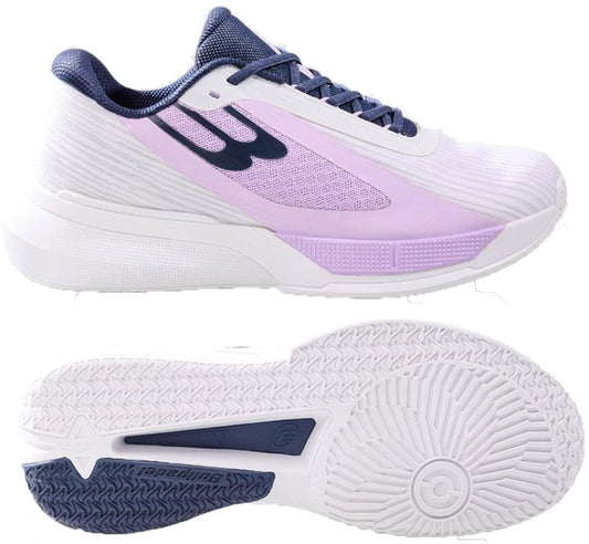 The Bullpadel Wonder Womens Padel Shoes in white feature mesh and textured panels with navy accents, offering high performance. Top view shows the side profile; bottom highlights the patterned tread and navy heel section.