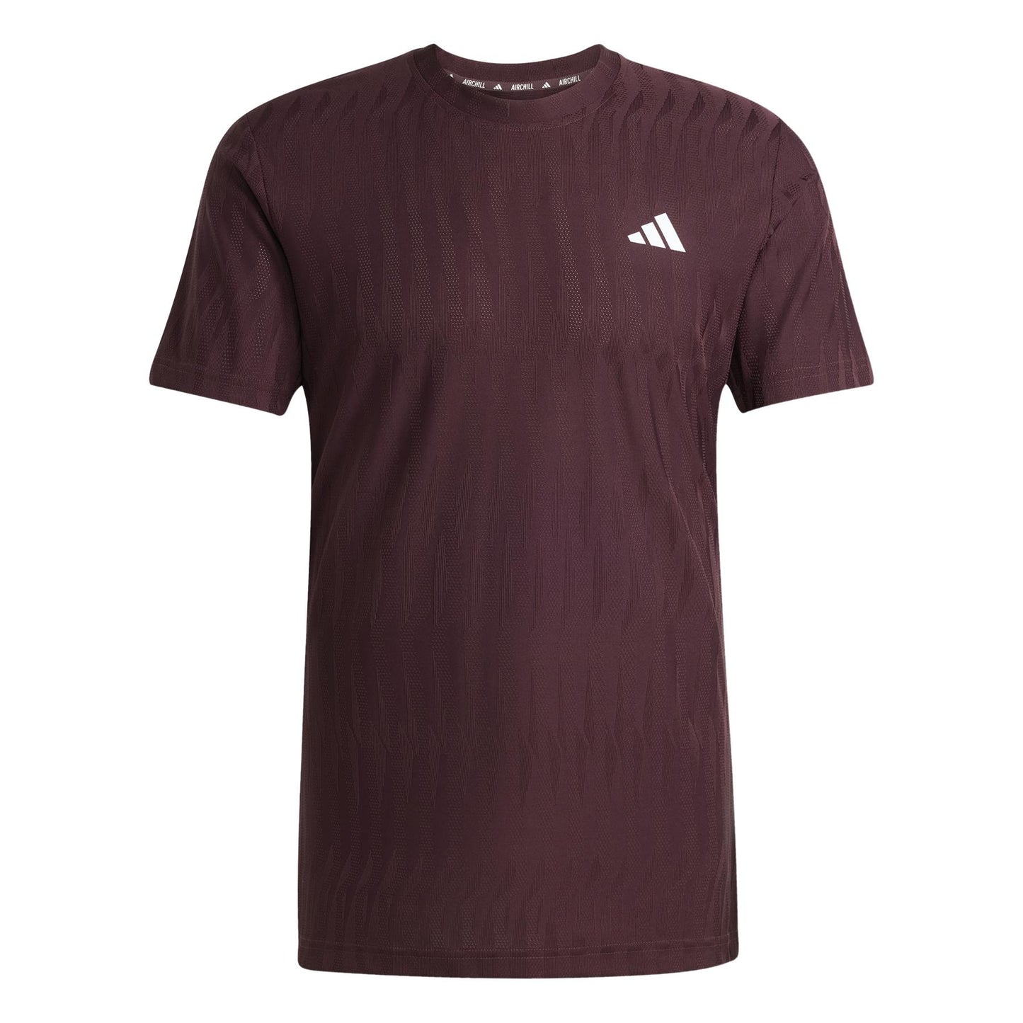 The ADIDAS Men's Climacool+ Freelift Padel T-Shirt by adidas in ruby features a subtle pattern with a white logo on the upper left. Made from recycled materials, it has a round neck and short sleeves providing a soft, lightweight feel for casual wear.