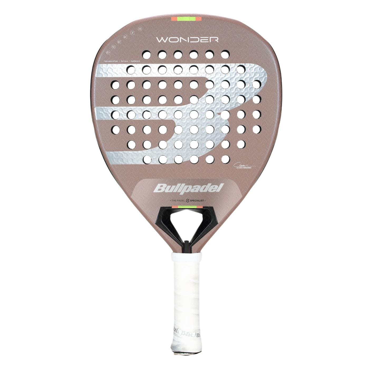 The Bullpadel Wonder 2026 Padel Racket - Rose Gold by Bullpadel features a rounded triangular shape, Hyper Core technology, rose gold surface with white accents and grip handle, multiple circular holes, and "WONDER" printed at the top.