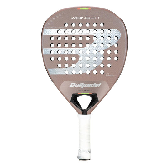 The Bullpadel Wonder 2026 Padel Racket - Rose Gold by Bullpadel features a rounded triangular shape, Hyper Core technology, rose gold surface with white accents and grip handle, multiple circular holes, and "WONDER" printed at the top.