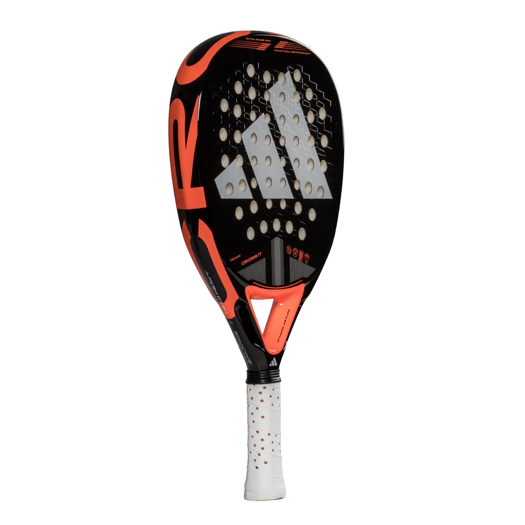 The ADIDAS Cross It Team 3.4 Padel Racket by adidas features a black and orange design with a honeycomb pattern, crafted from fiberglass. It includes dynamic airflow technology for better performance and has a handle wrapped in a white grip with vivid red accents.