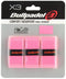 The Bullpadel GB-1200 Padel Overgrips pack includes three fluorescent pink grips in plastic packaging, featuring comfort, absorbency, and micro-perforated texture. Branded with "X3" and "Bullpadel," it’s ideal for padel racket grip.