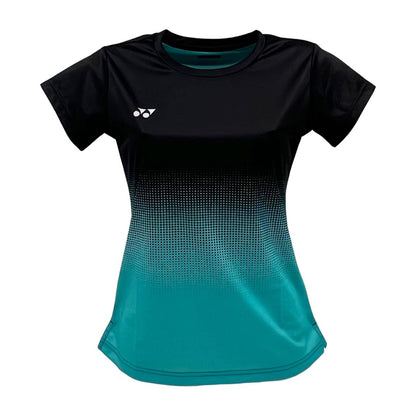 Discover the Yonex YTL5 Women's Padel T-Shirt in turquoise and black. This short-sleeve shirt features a gradient design, moisture-wicking polyester for dryness, and a subtle white logo on the upper left chest.