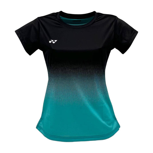 Discover the Yonex YTL5 Women's Padel T-Shirt in turquoise and black. This short-sleeve shirt features a gradient design, moisture-wicking polyester for dryness, and a subtle white logo on the upper left chest.