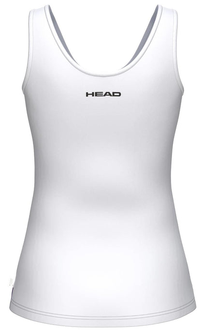 The HEAD Blur Womens Padel Tank Top - PUXU is a sleeveless, white tank shown from the back with "HEAD" in black across the upper back—ideal as moisture-wicking sportswear for any women's tennis tank top collection.