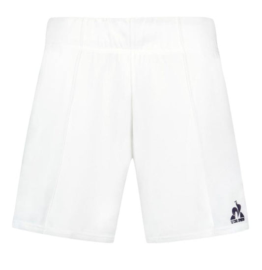 These Le Coq Sportif Pro Men's Padel Shorts in Optical White are crafted from breathable material and feature a dark blue logo on the lower left side. With a simple design and an elastic waistband, these shorts provide both comfort and style against a clean white background.