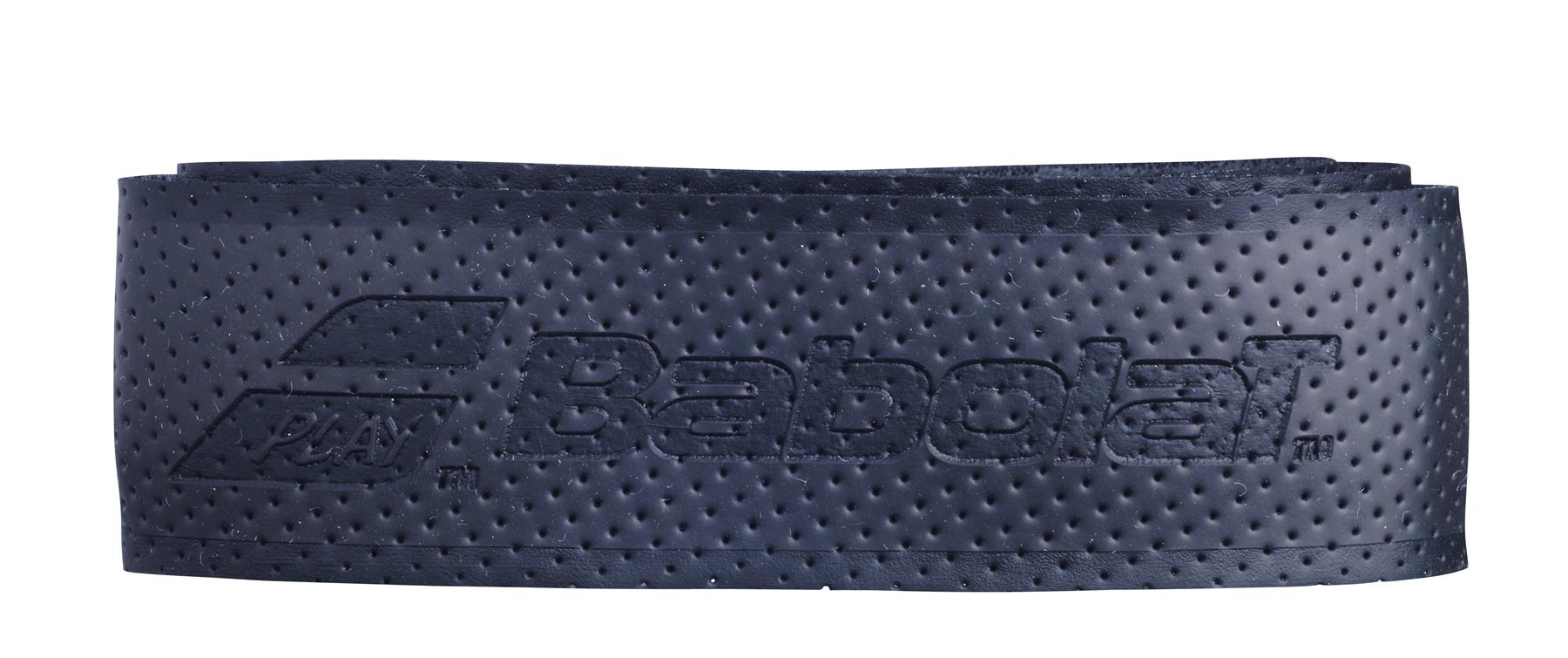 A close-up image showcases a rolled-up, perforated black grip tape with the Babolat logo embossed on it, emphasizing the excellent moisture absorption of the Babolat Syntec Evo X1 Replacement Padel Grip - Black as an ideal replacement grip.