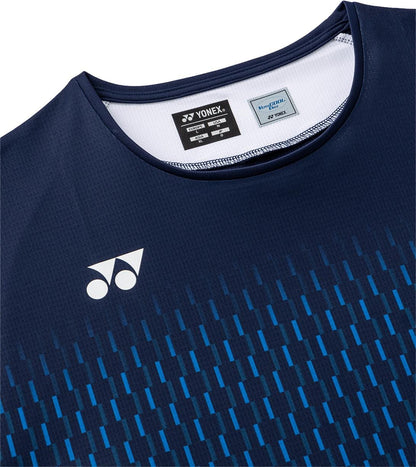 Close-up of the Yonex 10713EX Crew Neck Mens Padel T-Shirt - Dark Navy, a high-performance sportswear piece with blue and dark blue patterned lines. Features the Yonex logo on the left chest and a visible tag inside the collar.