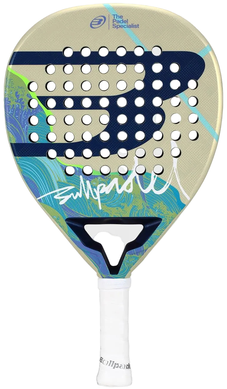 The Bullpadel Ionic Light 2026 Padel Racket by Bullpadel features beige, blue, and green abstract patterns, a large "NB" logo, white signature and grip, plus "The Padel Specialist" in the top right for high performance play.