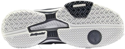 The image shows the outsole of Bullpadel Icon 26V Mens Padel Shoes - Navy, featuring lightweight herringbone and dotted grip patterns in white and black rubber, textured sections for traction, and Bullpadel branding—ideal for padel courts.