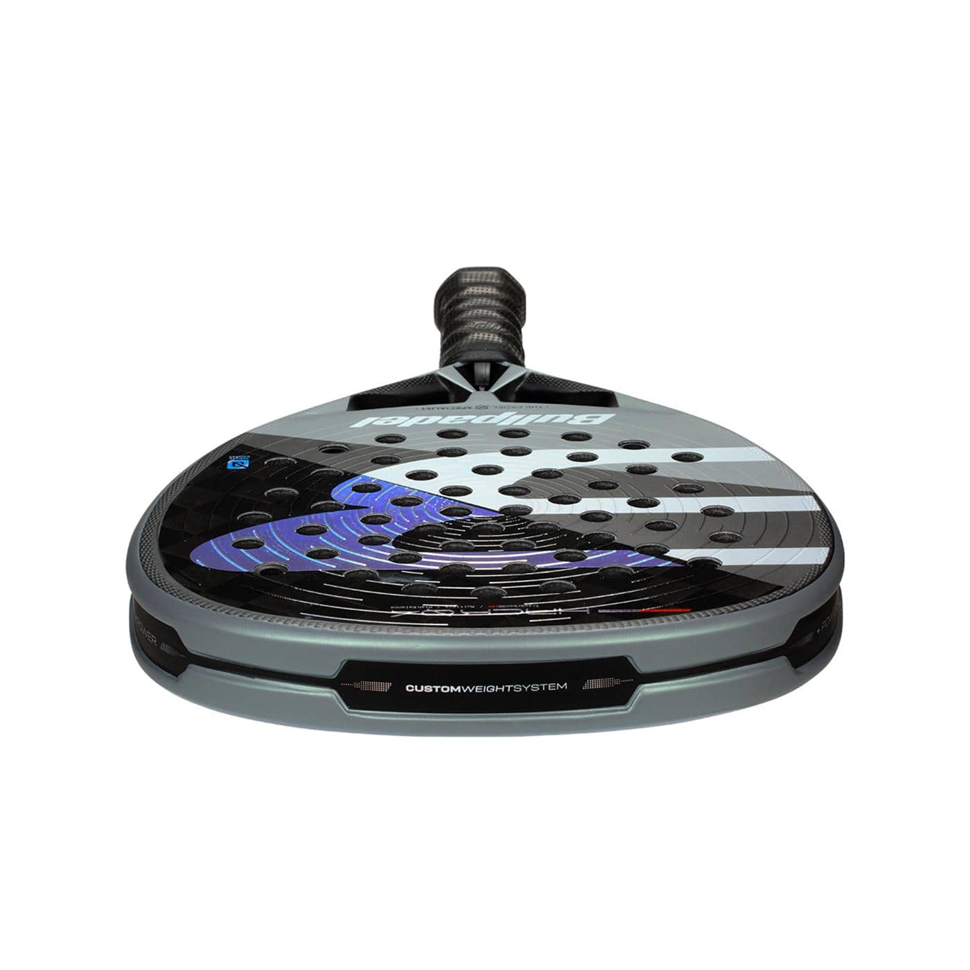 The Bullpadel HACK 04 2026 Padel Racket by Bullpadel features a black and grey design with a textured, hole-patterned face and “Custom Weight System” on the edge for dynamic power, displayed against a white background.