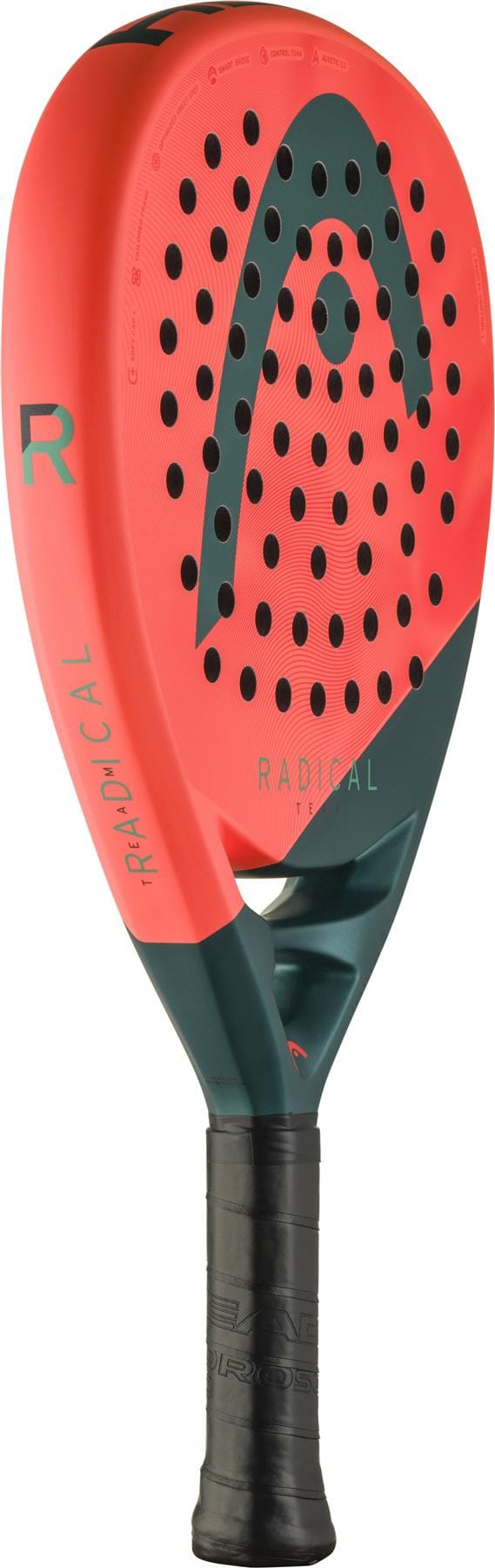 The HEAD Radical Team 2026 Padel Racket by HEAD features an orange and green design, a perforated round head, fibreglass hitting surface, black handle, "RADICAL" on the front, and the HEAD logo near the center.