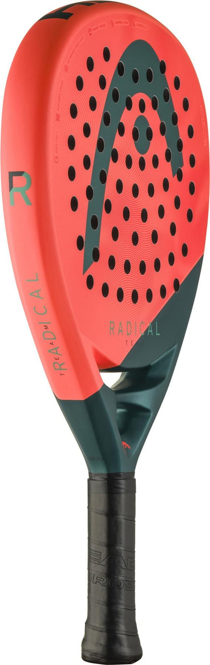 The HEAD Radical Team 2026 Padel Racket by HEAD features an orange and green design, a perforated round head, fibreglass hitting surface, black handle, "RADICAL" on the front, and the HEAD logo near the center.