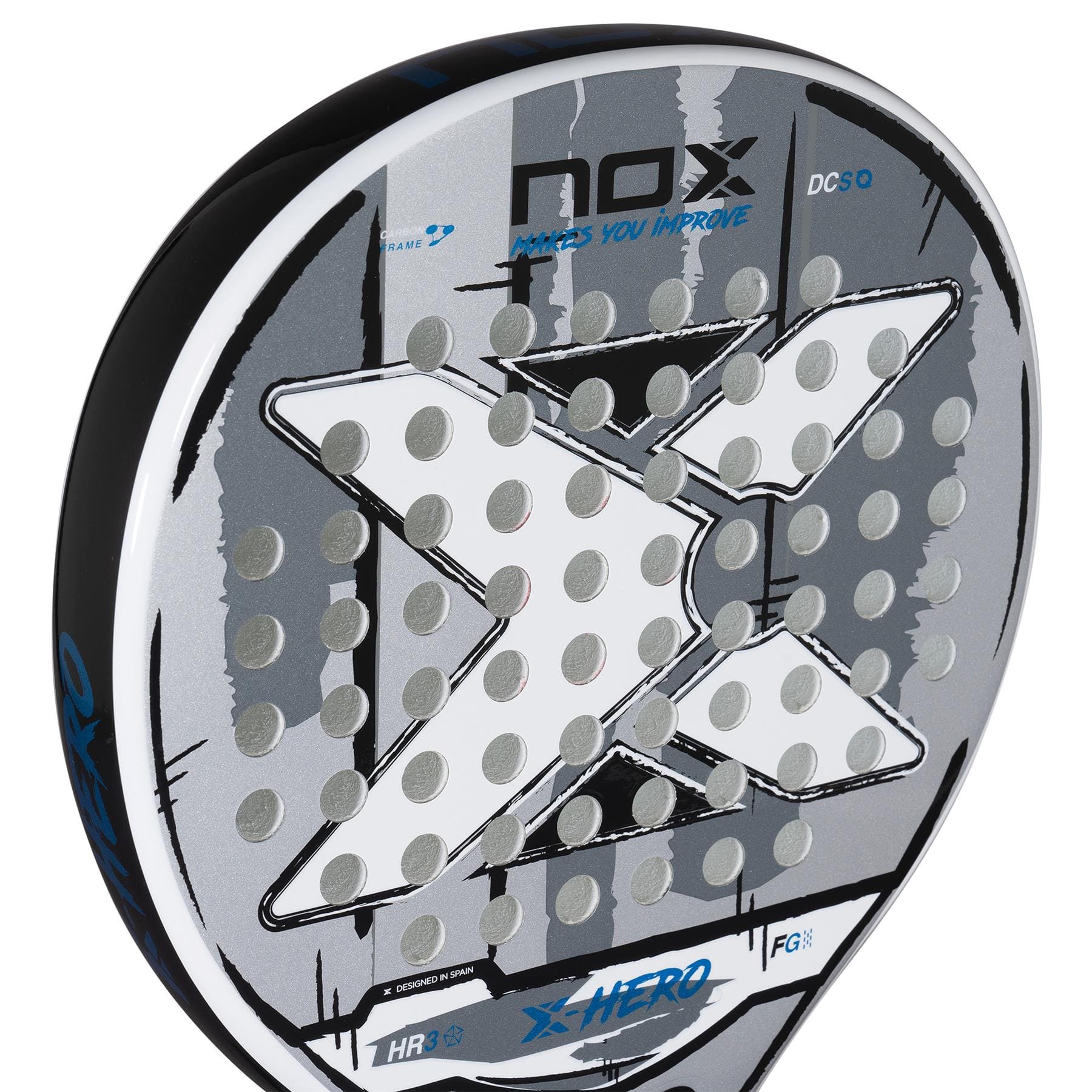 Close-up of the NOX X-Hero White Padel Racket by NOX, a beginner padel racket in gray, black, and white with a bold "X" logo and small holes for improved control and precision on the court.